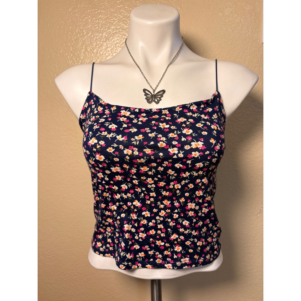 Gaze Navy Blue Floral Spaghetti Strap Camisole Crop Top Small #5